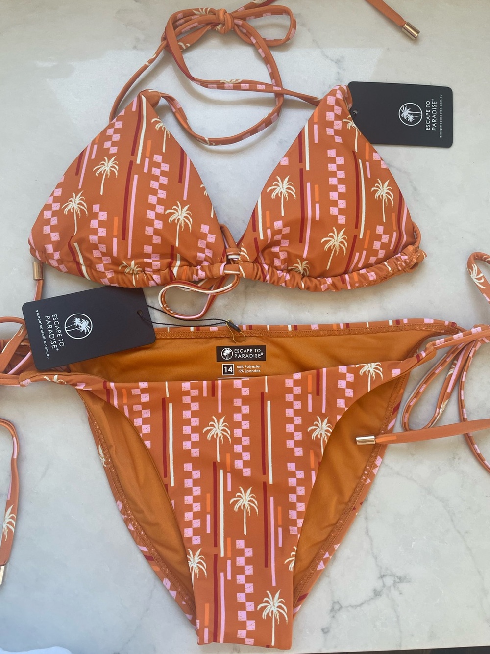Cali Palms 🌴👙🍊 Orange Triangle Bikini with Pink & Persimmon Zags - Sz L